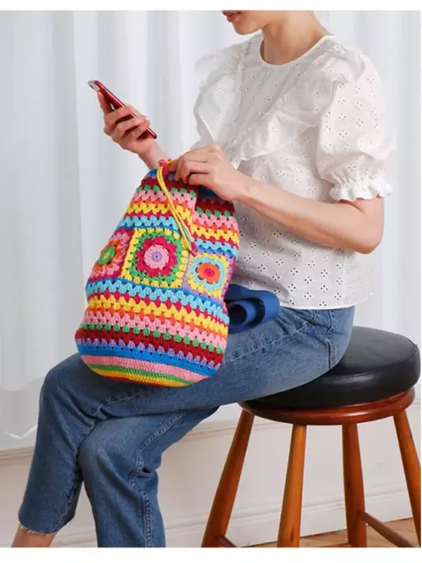 Artystyczne szydełkowe w kształcie beczki damskie torebki na ramię z dzianiny babci kwadratowe plecaki ręcznie tkana torebka na co dzień torba podróżna 2023