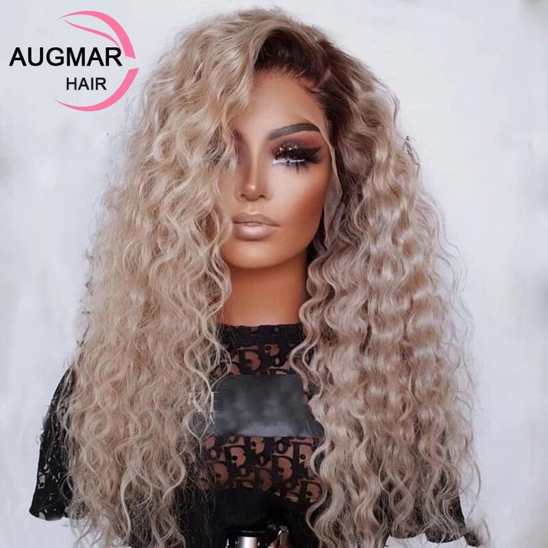 13x4 Ash blond kręcone koronki przodu peruki z ludzkich włosów dla kobiet 180% Remy HD 13x6 peruki z ludzkich włosów brazylijski 360 głęboka fala przednia peruka