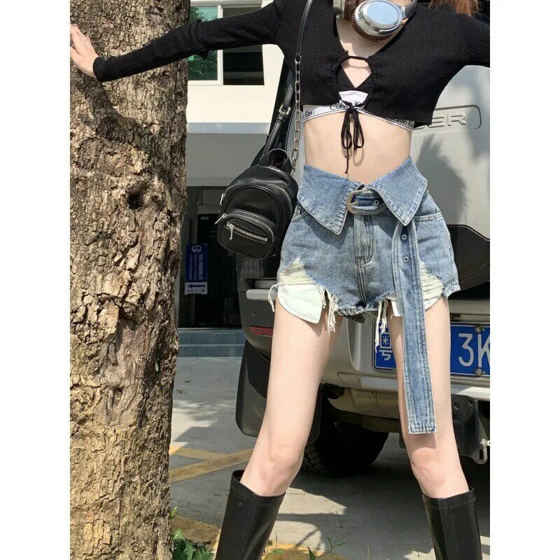 용수철 하이웨이스트 슬림 디자인 와이드 레그 반바지, 여성 의류, 섹시한 소녀 패션, 레트로 천공 데님 반바지, 2024