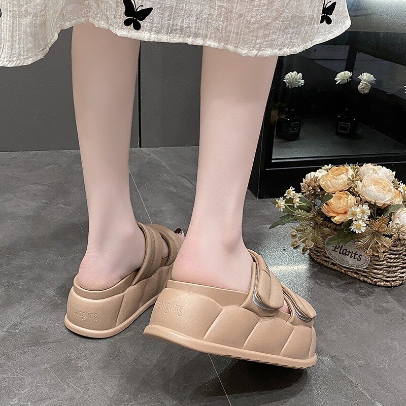 Женские массивные сандалии на каблуке 7 см, женские летние кожаные шлепанцы на толстой подошве без застежек, женские сандалии