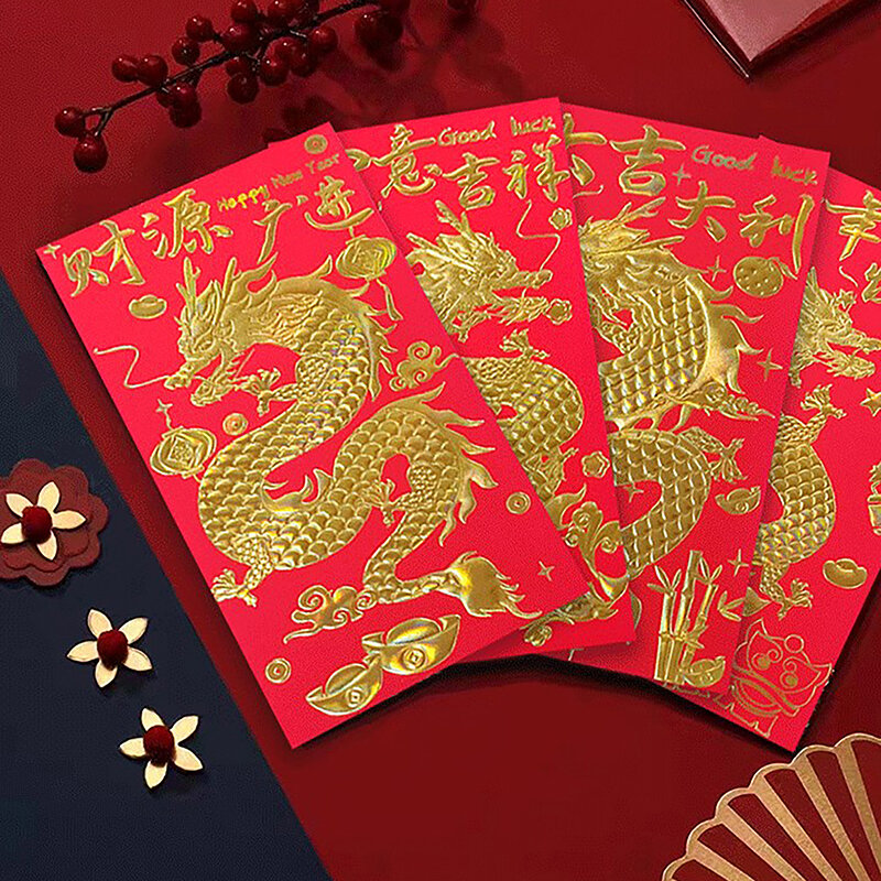 Enveloppes rouges chinoises 14rer ao, sac rond cadeau, pocommuniste porte-bonheur pour l'argent, nouvel an 2024, fête du printemps, cadeau pour enfants, 6 pièces