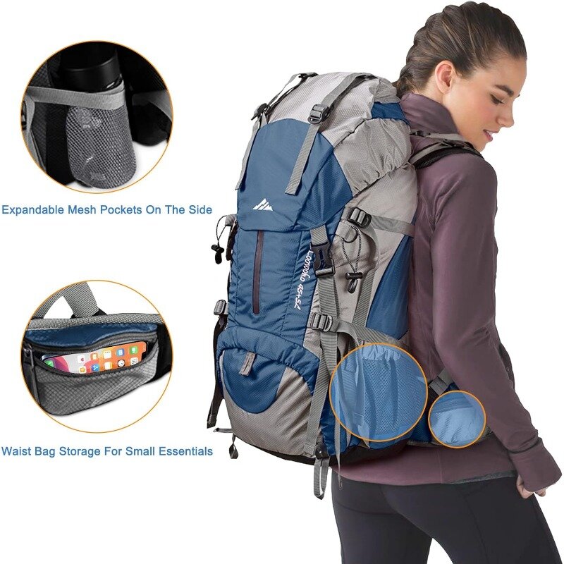 Mochila de caminhada impermeável com capa de chuva, Camping Essentials Bag, Mochila Leve, 45 Plus 5 Litros, 50L