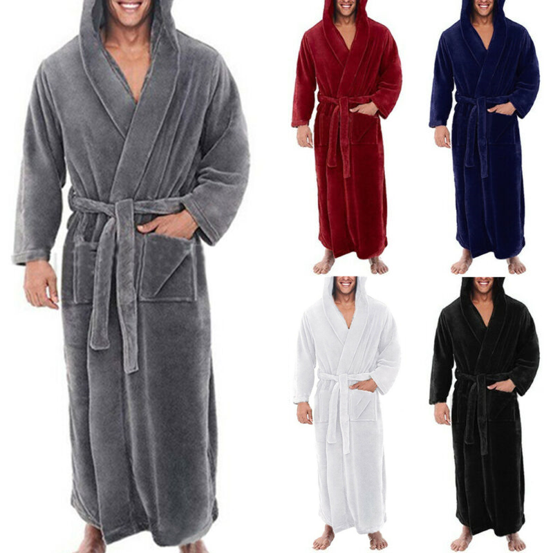 Bata de Kimono larga de franela cálida de forro polar de coral de invierno para hombres. Ropa de dormir casual de invierno para el hogar con camisón de franela cálida.