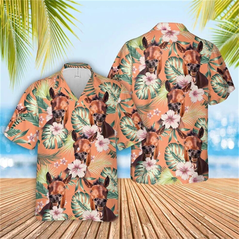 Vaca havaiana feminina estampada camisa de praia Aloha Animal manga curta blusa de lapela, botão de moda Y2K Tops, verão, férias