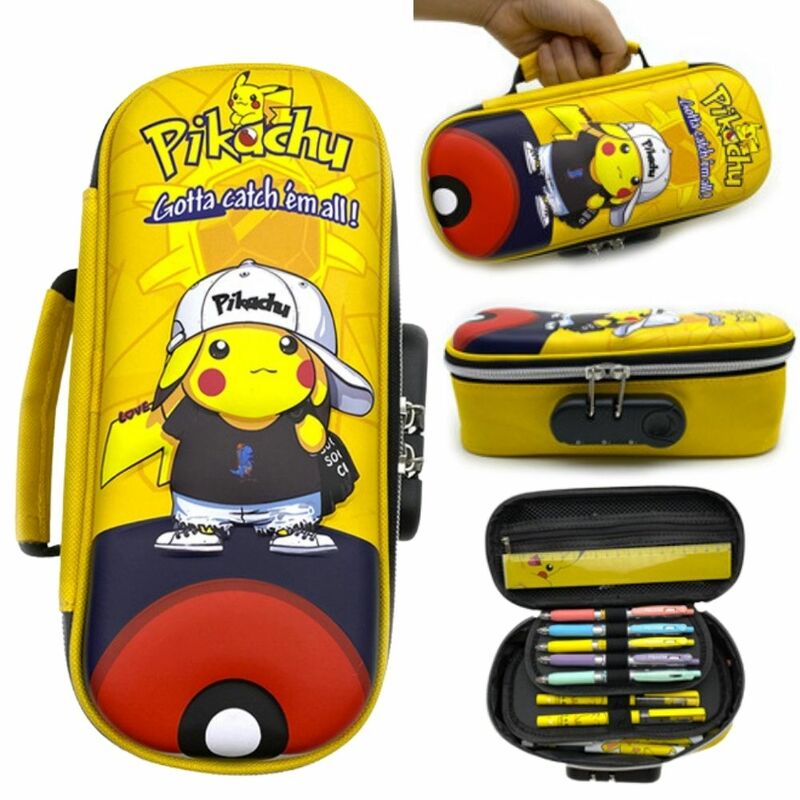 Pikachu-caja de papelería con bloqueo de contraseña para niños y niñas, estuche de lápices de Pokémon, gran capacidad, regalo de cumpleaños
