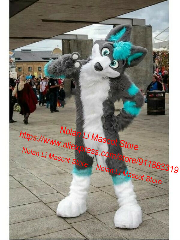 Long Fur Blue Grey Wolf Husky Dog Mascot Costume Adult Cartoon Character Outdoor Advertisement Holiday Banquet Cosplay 1102