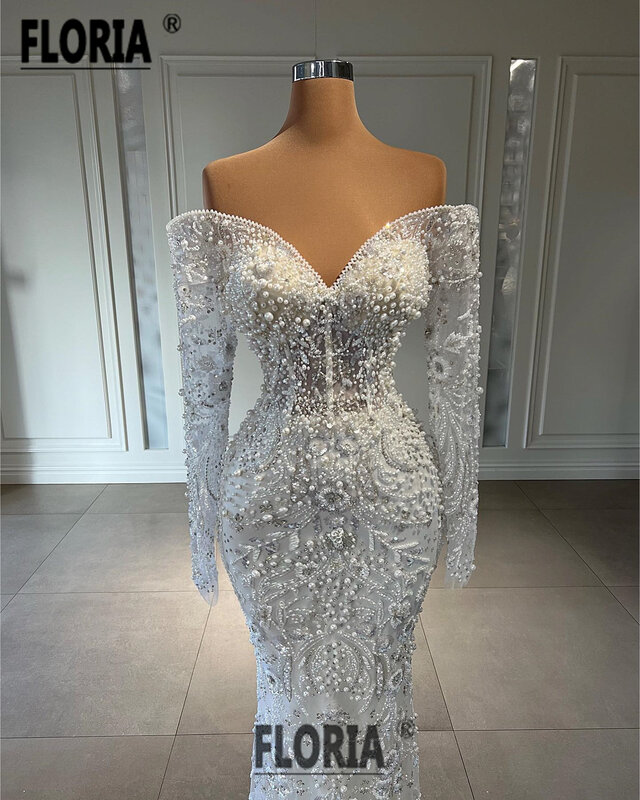 Elegante Volledige Parels Crystal Mermaid Wedding Avondjurk Kralen Off Shoulder Lange Mouwen Formele Prom Dress 2023 Robe De Soiree