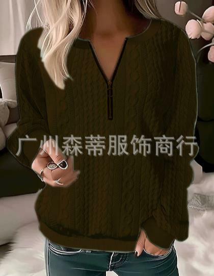 Blusas de manga comprida com gola redonda feminina, pulôver feminino, com zíper, top texturizado por cabo, básico casual, moda, outono, novo, 2022
