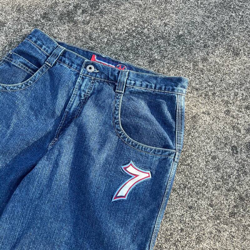 Джинсовые брюки JNCO 7 с вышивкой, широкие брюки свободного кроя, уличная одежда Y2k, винтажные мешковатые джинсы с графическим принтом и высокой талией для мужчин