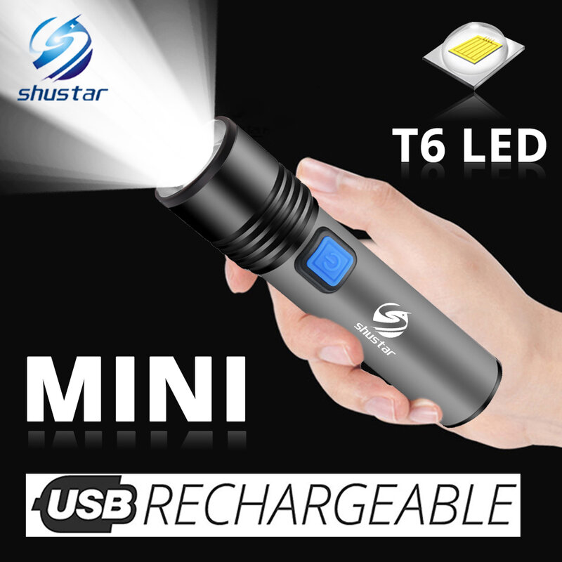 Linterna LED recargable por USB con T6 LED incorporado, lámpara LED recargable por USB con T6 LED incorporado, batería de litio de 1200mAh, perfecto para acampar, resistente al agua con enfoque
