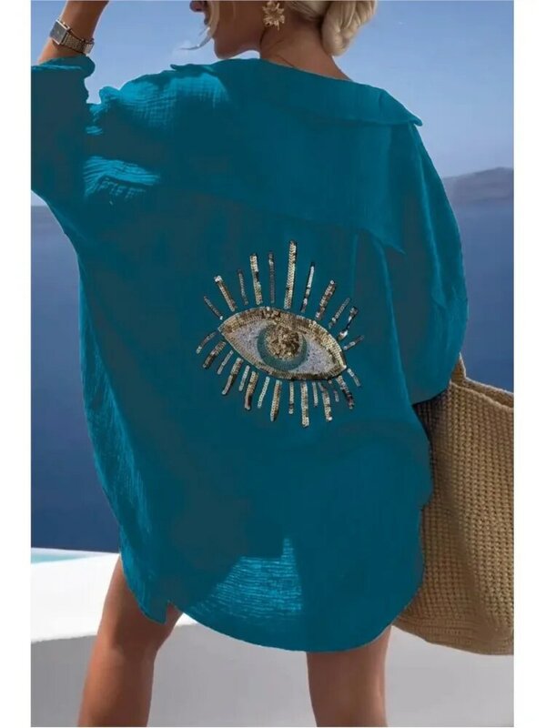 여성용 스팽글 눈 루즈 셔츠, 단색 커버업, 긴 소매 코튼 린넨 셔츠, 햇빛 차단 비치 탑, 2024 여름 패션