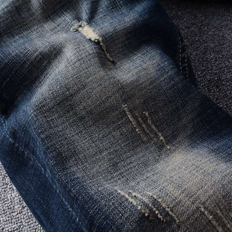 بنطلون جينز للرجال بتصميم كلاسيكي باللونين الأسود والأزرق قابل للتمدد ومناسب وممزق من قماش الدنيم