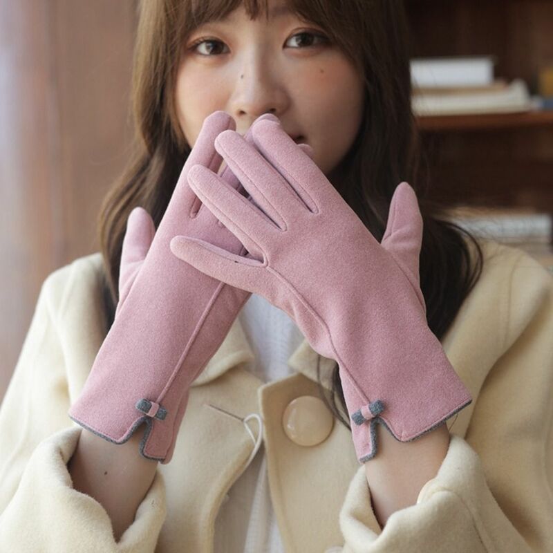 Милые однотонные зимние перчатки, шерстяные варежки с бантом, бархатные перчатки с закрытыми пальцами, женские перчатки, плюшевые перчатки, перчатки для сенсорного экрана