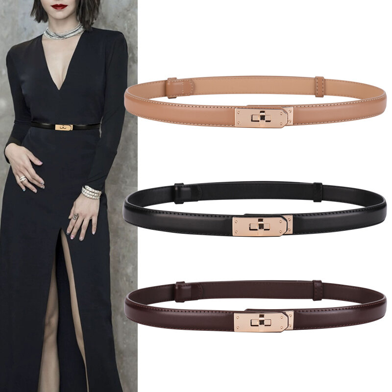 Cinturón elegante de cuero genuino para mujer, hebilla de Metal de lujo, pretina para vestidos delgados, cinturones de diseñador para Jeans, alta calidad
