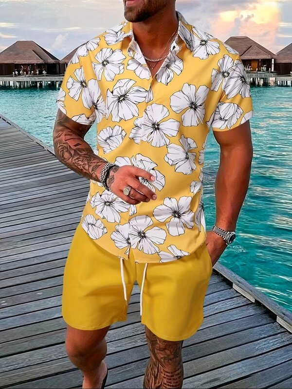Herren Sportswear 2 Stück Casual Beach Style Polos hirt Kurzarm Button Up T-Shirt und Shorts Casual Herren bekleidung Polos hirt