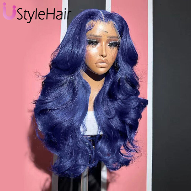 Perruque Lace Front Wig Body Wave longue bleu foncé, cheveux synthétiques, partie latérale, bleu uni, cosplay, degré de chaleur, utilisation 03
