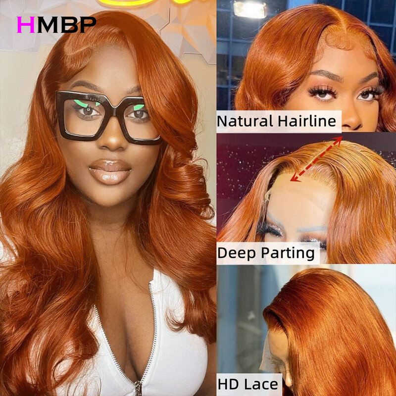 250 Density Orange Ginger 13x6 HD Transparent Lace Front Wig Human Hair Body Wave 13x4 Lace Fronal Wig Brazilian Closure Wig