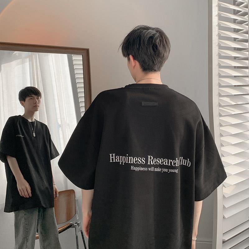 Maglietta coreana high street pesante da uomo scollo piccolo manica corta estate oversize design nicchia semplice t-shirt a mezza manica