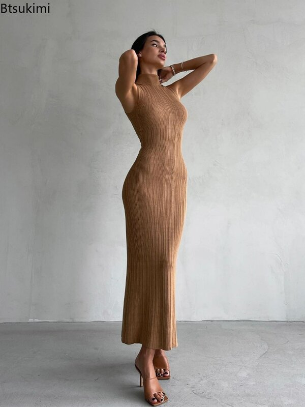 Vestido feminino de malha sem nervuras gola alta, slim fit, cintura alta, roupas de festa, moda feminina, monocromático, 2022