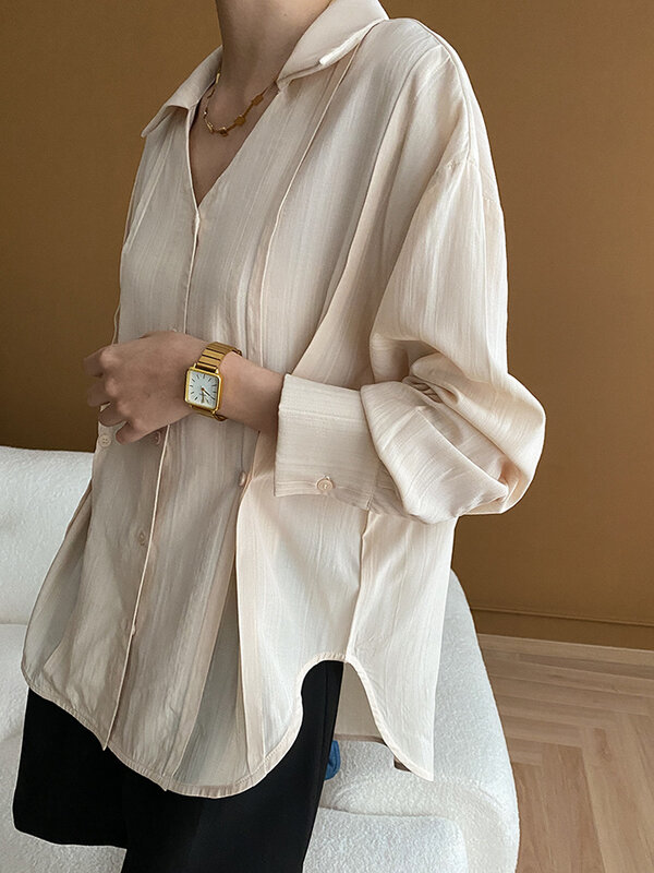 [LANMREM] francuski styl koszule damskie z klapami jednorzędowe bluzki biurowe 2024 letnie nowe 26 d8606