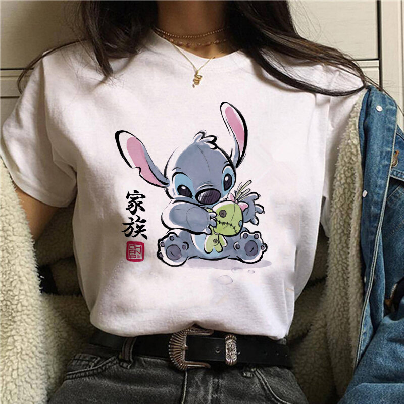 Disney-Camiseta Feminina Lilo e Stitch Cartoon, Camiseta Gráfica Engraçada, Top Feminino de Streetwear, Roupas Femininas, Camiseta