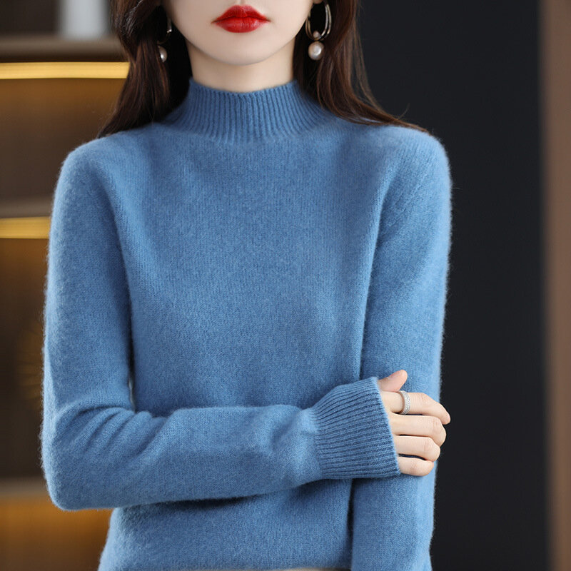 سترة كورية عصرية للنساء لشتاء وخريف قمصان قصيرة دافئة بنصف ياقة عالية ملابس التريكو الأساسية بلوفر أكمام طويلة