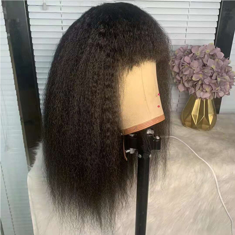 Afro Kinky Straight Wigs with Bangs Glueless Human Hair Fringe Wig Italy Yaki Straight Hair Ready to Wear Wigs for Black Women