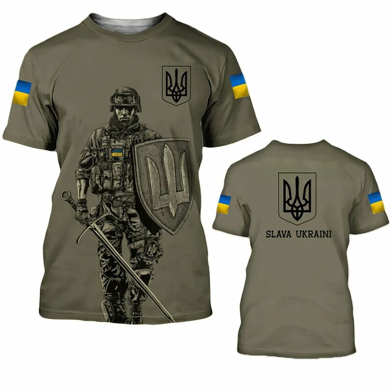 Kaus Bendera Ukraina Kaus Pria Atasan Tentara Ukraina Kamuflase Lengan Pendek Kaus Pria Streetwear Longgar Leher-o Musim Panas
