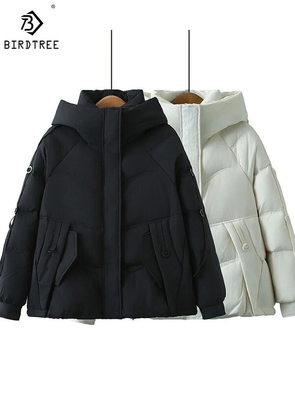 女性の白いダックダウンフード付きコート、暖かいジャケット、ゆったりとしたポケット、スリム、長袖、commute、厚い、新しい、秋、冬、c3d633qd