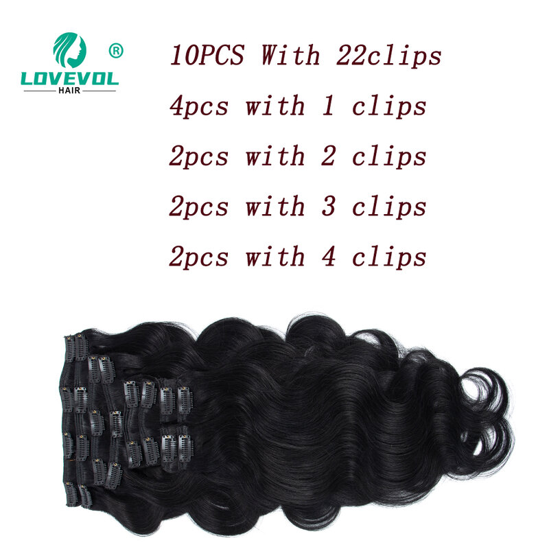 Lovevol-extensiones de cabello con Clip de cabeza completa, 160G, piezas de cabello Remy de máquina europea, Clip de cabello humano 100% Natural Real en negro ondulado