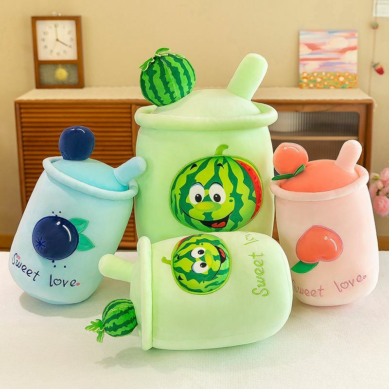 Baru kreatif lucu susu teh bantal cangkir Kawaii mainan mewah boneka semangka persik Blueberry Plushie Mainan cangkir teh hadiah anak-anak bantal