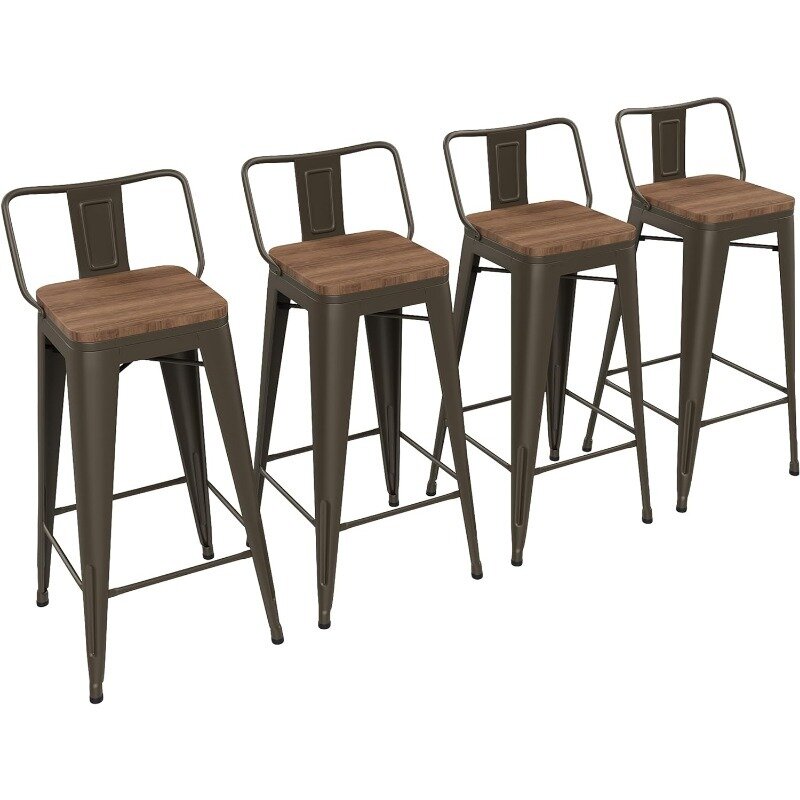 Bar Stools Set para cozinha, Barstools Counter Altura com assento de madeira, Metal Low Back, cadeiras preto fosco, 26 in, conjunto de 4