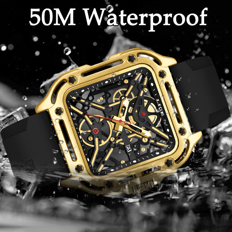 LIGE Fashion Square Watch For Men Top Brand 50M waterproof Quartz Watch Men Sport Military Chronograph Clock Male Montre Homme