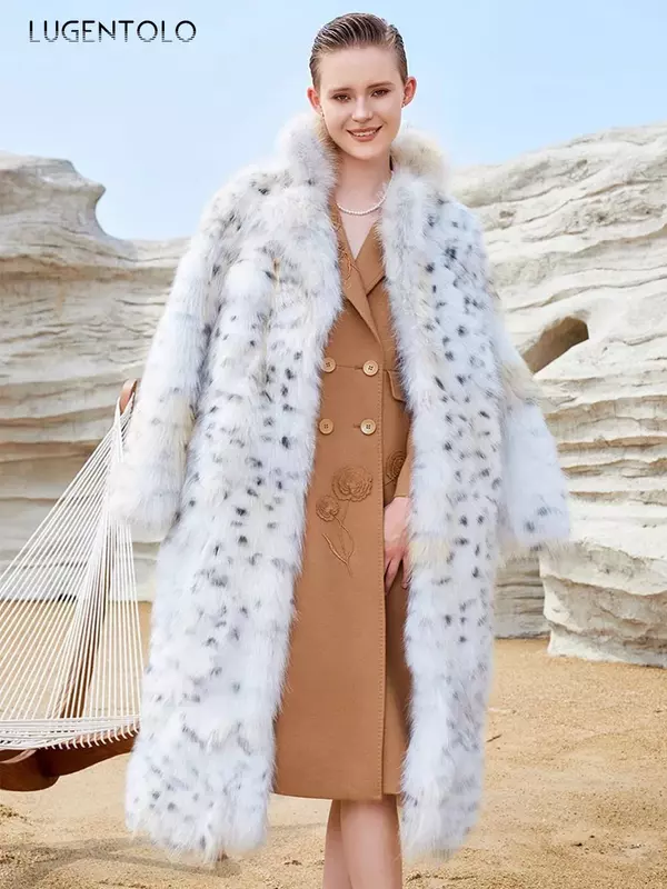 Abrigo largo de piel sintética de leopardo para mujer, abrigo de piel de zorro sintética para mujer, solapa informal de calidad, ropa de moda urbana, otoño e invierno, nuevo