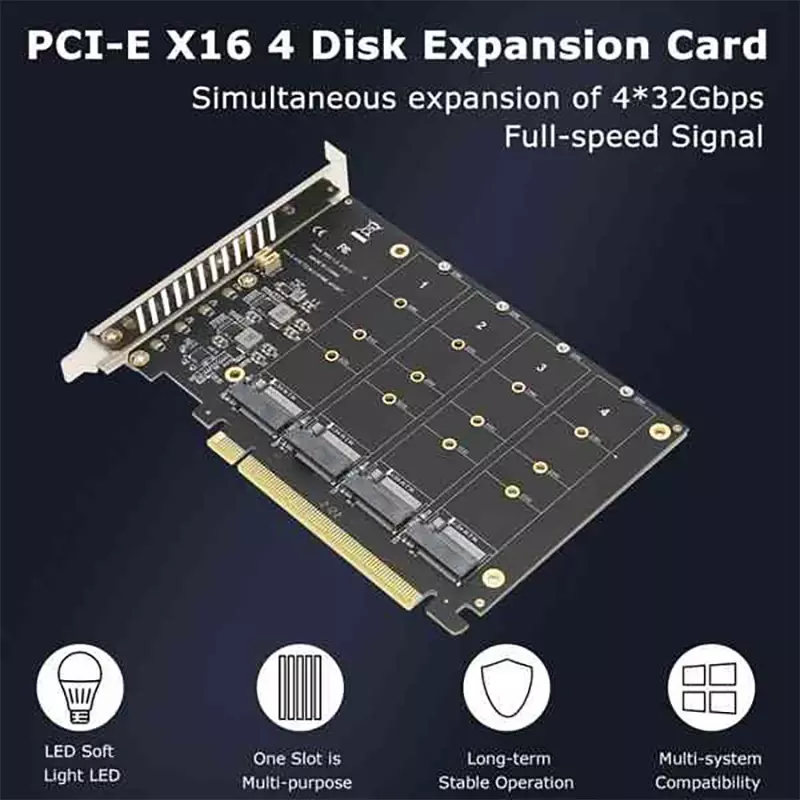 4พอร์ต M.2 NVMe SSD TO PCIe X16M ฮาร์ดไดรฟ์แปลงการ์ดขยายตัว, 4x32Gbps ความเร็วในการถ่ายโอน (PH44)
