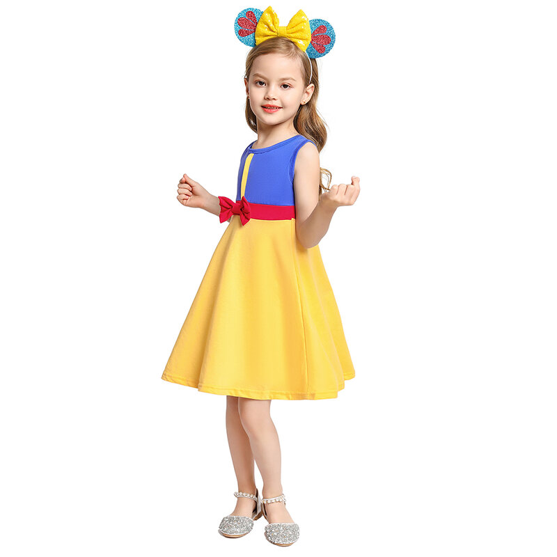 Disney Prinses Meisje Zomer Jurk Off Shoulder Belle Jurk Schattige Kinderen Kleding Vakantie Outfit Sneeuwwit Mulanverjaardagsfeest