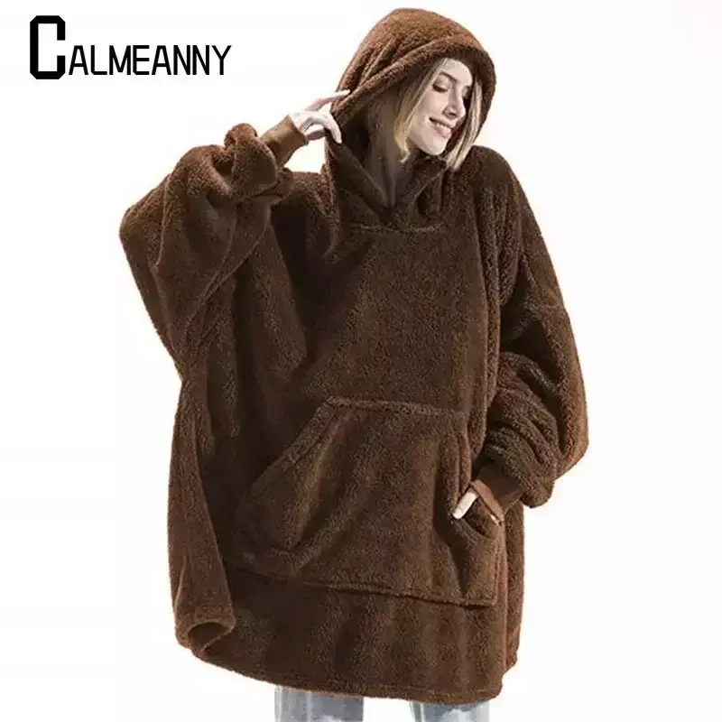 레저 심플 후드 스웨터 여성용, 따뜻하고 두꺼운 양털 담요 슬리브 포켓 하라주쿠 트렌드 스트리트웨어, 겨울 패션