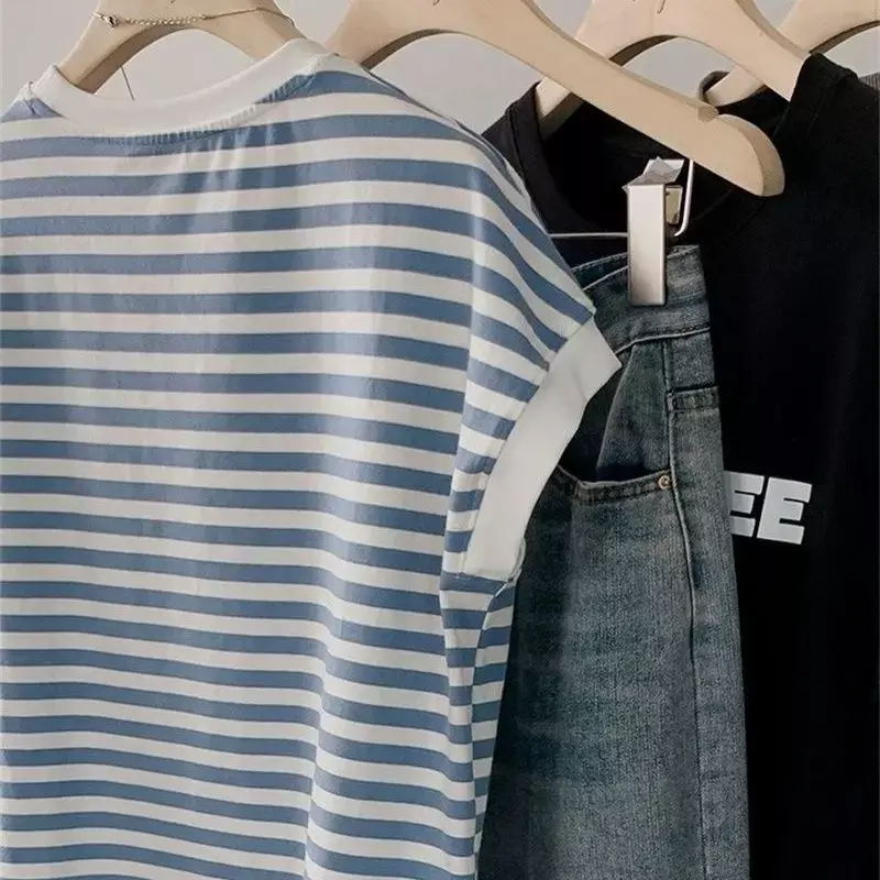 تي شيرت بلا أكمام مخطط أزرق للنساء ، قميص من القطن الخالص ، قميص فضفاض بأكمام قصيرة ، تصميم مناسب للمجال ، الصيف ، تصميم جديد ،