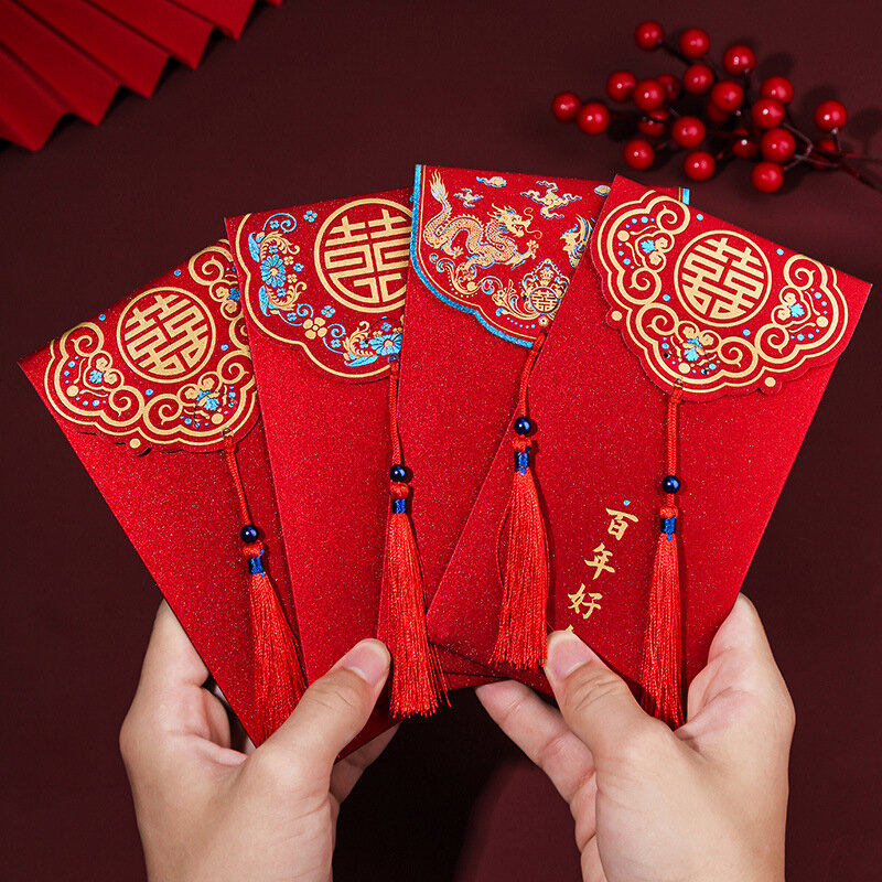 タッセル付きの伝統的な中国の赤い封筒、ラッキーなお金のパケット、補足、ウェディングギフト、hongbao、ウェディングギフト、10個