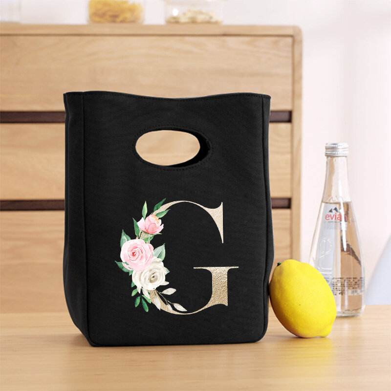 26 Golden Letter Print Functional Pattern Cooler Lunch Bag Portable Insulated Bento Box Tote Thermal Food Picnic Storage Pouch