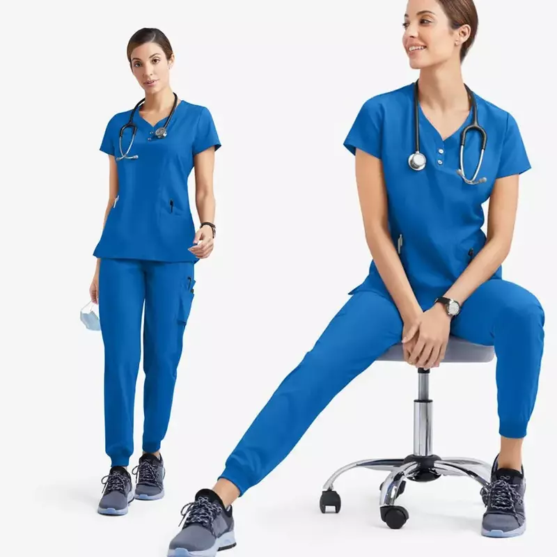 Medical Accessories Women Elastic Scrubs Uniform Sets Hospital Surgical Gowns Short Sleeve Tops Jogger Pants Suit Doctor Clothes