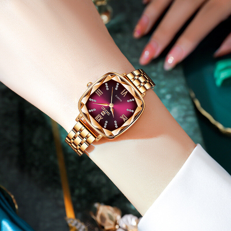 Relógio de Pulso Quadrado Ouro Rosa Feminino, Relógio Feminino, Aço Inoxidável, Marca Luxo, 2023