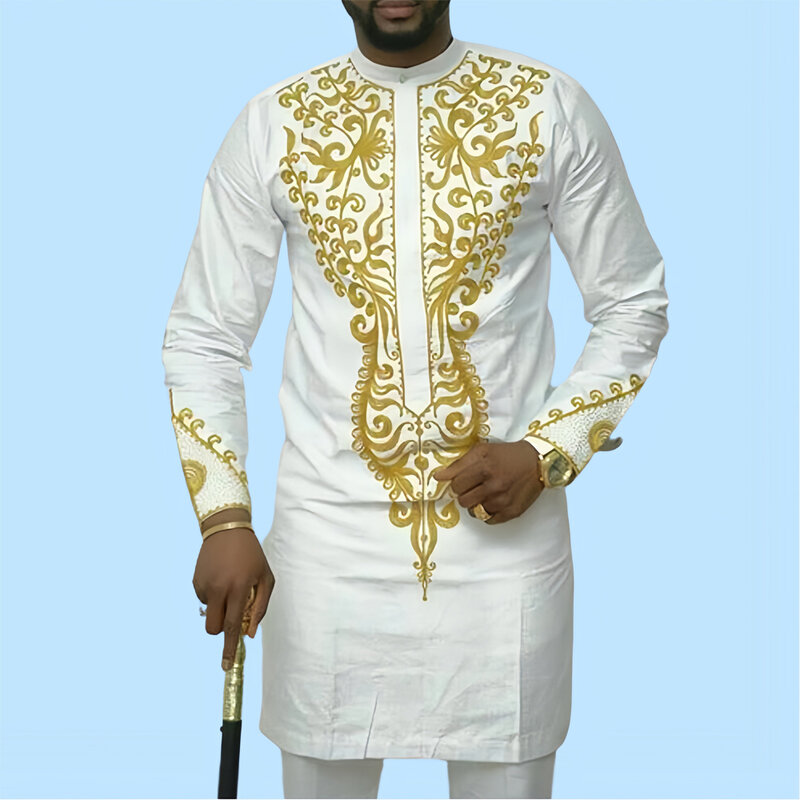 Conjunto de 2 piezas para hombre, traje de manga larga bordado, Top informal y pantalones de Color sólido, traje étnico africano, novedad