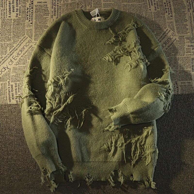 2023 jesienny i y2k Streetwear męski nowy Retro dziurkowy sweter z frędzlami luźny wszechstronny sweter dla mężczyzn i kobiet z długim sweter z rękawem
