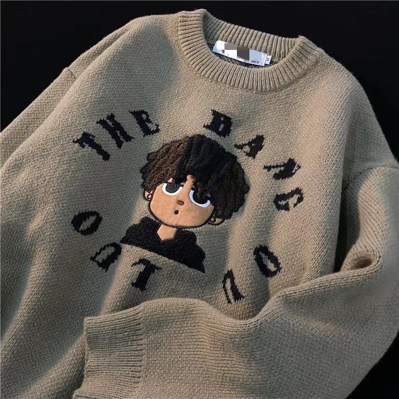 Men's new thick cartoon embroidered knit sweater 2022 winter Harajuku American street couple loose casual inner pullover Y2K top