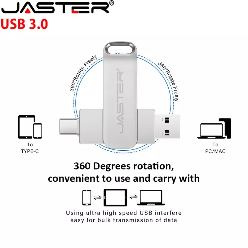 Unidad Flash USB 3,0 giratoria, Memoria TPYE-C 2 en 1 de 128GB, 64GB, Metal plateado, 32GB, almacenamiento externo de alta velocidad, 16GB