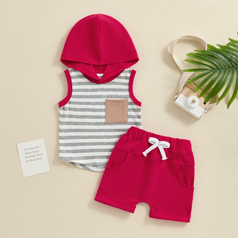Lioraitiin-Conjunto de 2 piezas para bebé, camiseta sin mangas a rayas con capucha, pantalones cortos de cintura elástica, 2024-04-01