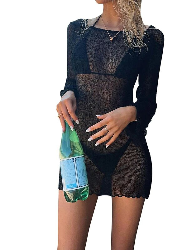 Bikini Cover-Ups for Women Sexy See-Through Long Sleeve Backless Beach Knitted Mini Dress Swimwear Sunscreen Blouse