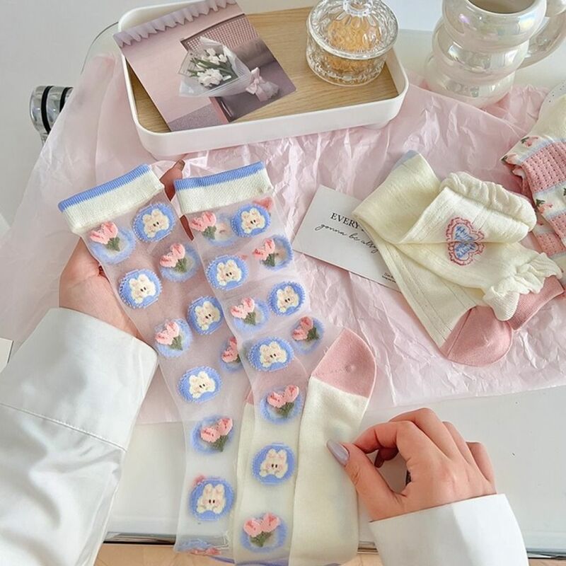 Meias transparentes estilo coreano para mulheres, meias estampadas para desenhos animados finas e respiráveis, transparentes e refrescantes, seda de vidro