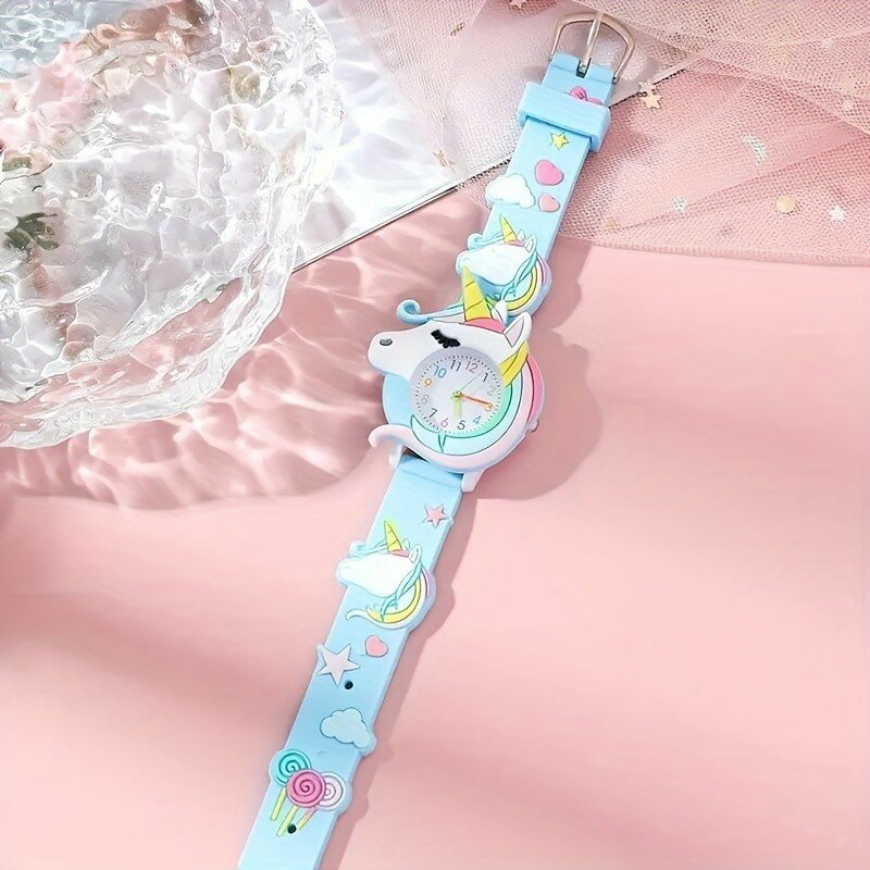 【Watch+Bracelet】Kegllect  New Children's Cartoon Pattern Watch Unicorn Silicone Cartoon Watch Bead Bracelet Set Student Watch